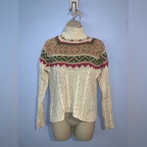 Liz Claiborne Cream pink Green fair isle knit turtle neck Sweater petite L ramie